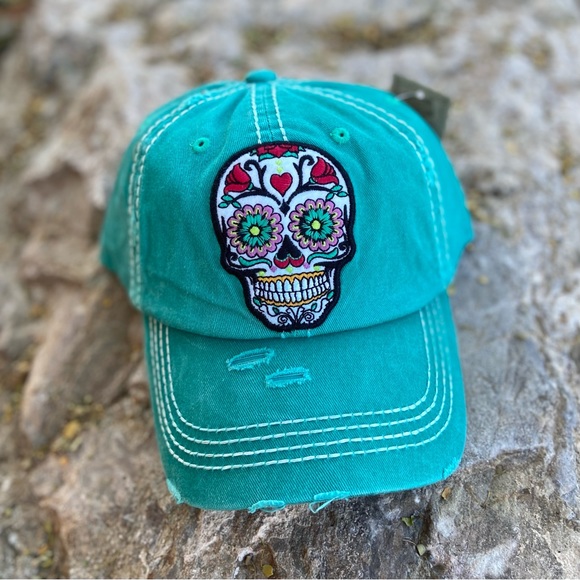 SUGAR SKULL ⭐️NWT DISTRESSED HAT in Turquoise - Picture 2 of 6